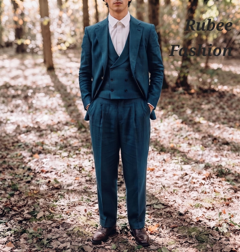 Men's 1980s Style Teal Linen Suit, Casual Fit Custom Tailored image 2