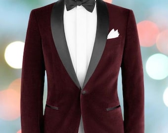 Men Burgundy Velvet Jackets and Black Tuxedo groom bespoke Blazer Tuxedo Black sawal collar Blazer Men Clothing gift for Christmas wear robe