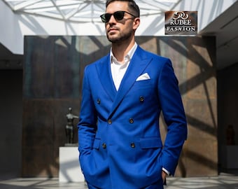 Traje de dos piezas azul marino cruzado: Trajes de boda a medida para fiestas.