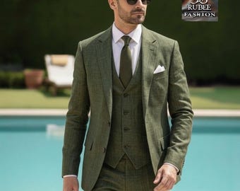 Dark army green Linen Suit Men: Slim Fit Bespoke Wedding Groom 3 piece Suit