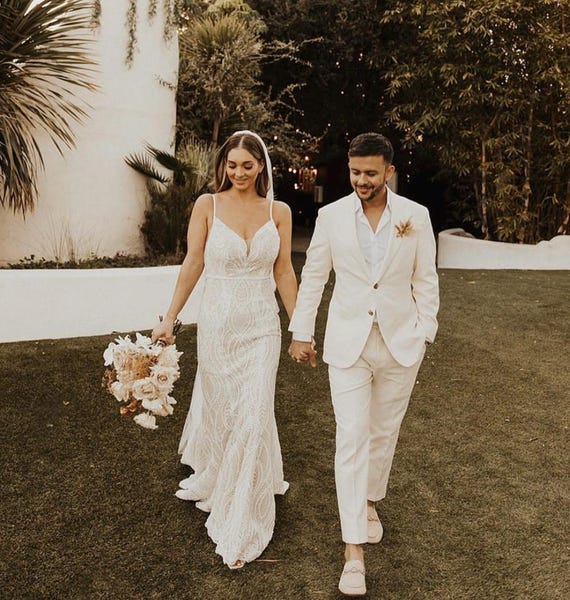 ivory wedding dress with groom Men's Ivory Linen Suit: Slim Fit Wedding Groom Suit
