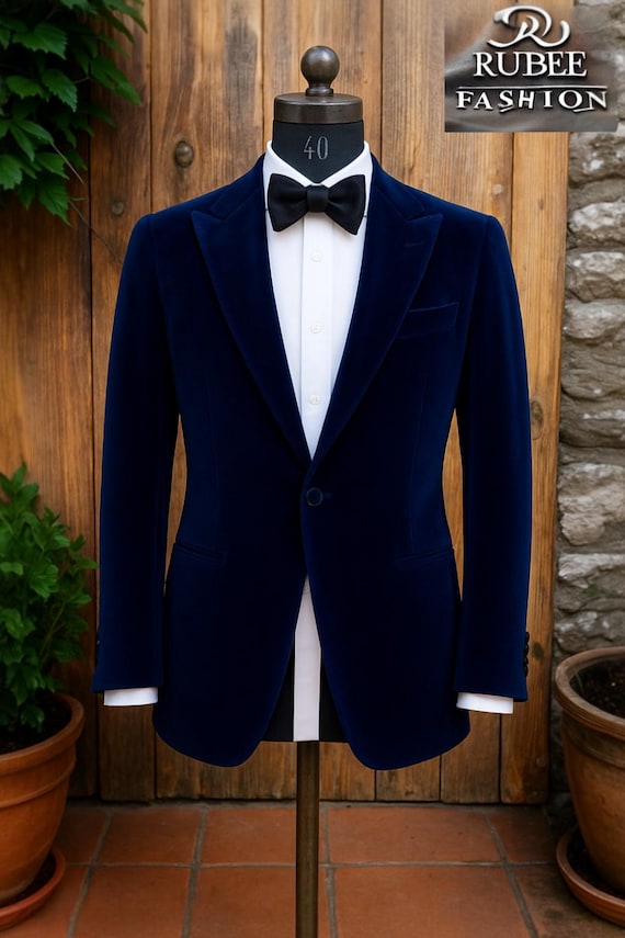 Bespoke Velvet Dinner Jacket: Men's Party Wear, Navy Blue