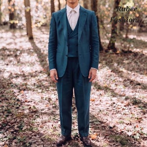 Men's 1980s Style Teal Linen Suit, Casual Fit Custom Tailored image 1