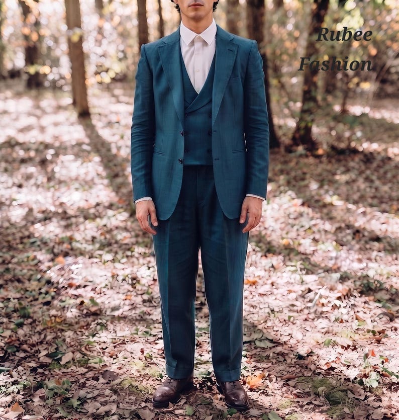 Men's 1980s Style Teal Linen Suit, Casual Fit Custom Tailored image 1