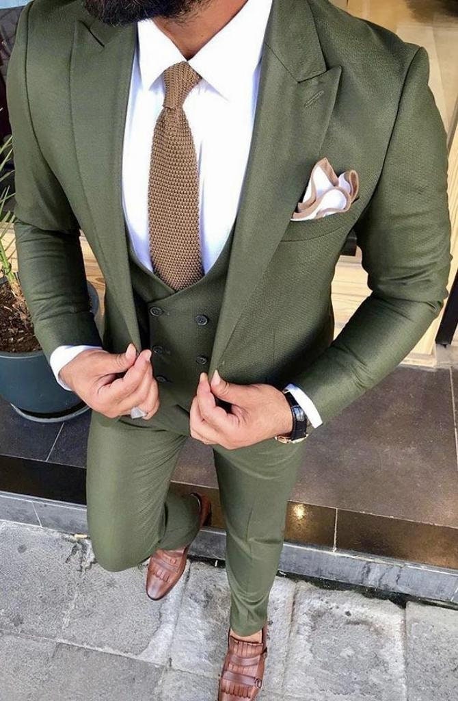Olive Green 3 Piece Suit: Men's Wedding Party Dinner Suit