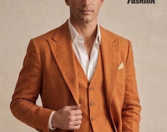 Orange linen 3 Piece Suit: Men's Wedding Party Dinner Suit