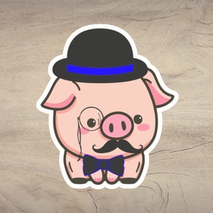 May include: A cartoon pig wearing a black bowler hat with a blue band, a black bow tie, and a monocle. The pig has a pink body, a white snout, and a black mustache.