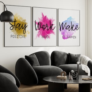 Inspirational Office Wall Art ,Stay Positive Office Set of 3 poster set, Work Hard Make It Happen ,Home Office Printable Set