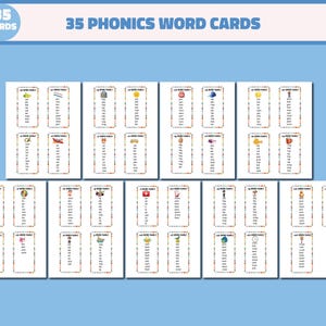 Puede incluir: Treinta y cinco tarjetas de palabras de fonética con ilustraciones coloridas y listas de palabras. Cada tarjeta presenta una imagen diferente y una lista de palabras que corresponden a la imagen.