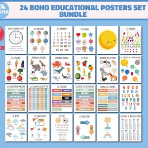 Ensemble de 24 affiches éducatives pour salle de jeux et enfants, tout-petits, art mural éducatif Boho, affiche d'apprentissage, préscolaire