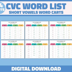 Learn to Read CVC Words, Phonics Cards Printable, Kindergarten Reading, CVC Word Family Lists, Phonetic, Toddlers, Homeschool Kids Resource