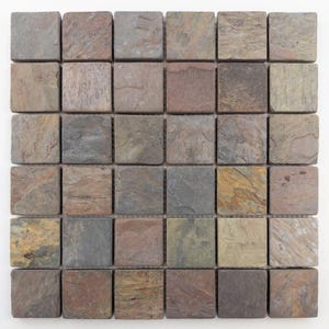 May include: A square mosaic tile sheet composed of thirty-six individual square slate tiles. Each tile features a unique, natural textured surface with a varied color palette including shades of gray, brown, rust, tan, and muted green tones.