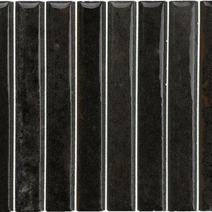 May include: A series of fourteen vertical, rectangular tiles arranged in a row. Each tile features a glossy, dark black finish with subtle variations in texture and tone, creating a reflective surface with a smooth, uniform appearance.