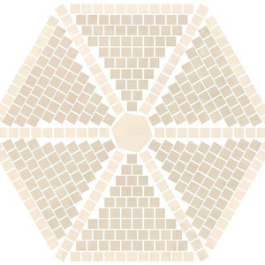 May include: A hexagonal mosaic tile pattern featuring a central light beige heptagon surrounded by six triangular sections of small, square, off-white and light beige tiles arranged in a radial, symmetrical geometric design.