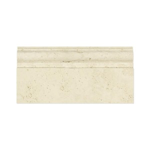 May include: A rectangular beige stone baseboard tile featuring a natural porous texture and a smooth, rounded top edge profile. The piece has a consistent light cream color with subtle variations in the stone surface throughout the length.
