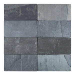 May include: A grid of eight rectangular slate tiles arranged in two columns and four rows. Each tile features a natural, uneven surface texture with varying shades of dark gray, charcoal, and light gray, showcasing unique mineral patterns.