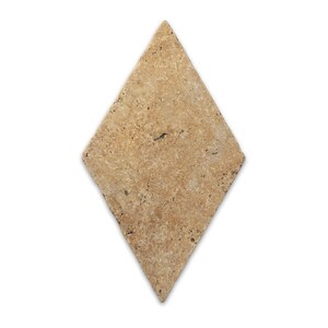 May include: A diamond-shaped tile made of natural tan travertine stone. The surface features a porous, textured appearance with varied shades of beige, light brown, and cream, showcasing the organic mineral patterns inherent to the stone material.