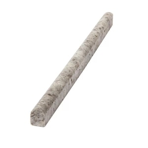 May include: A long, slender stone pencil liner tile featuring a mottled gray and white pattern with a smooth, polished finish. The piece has a rounded top edge and a flat base, showcasing natural stone veining throughout its length.