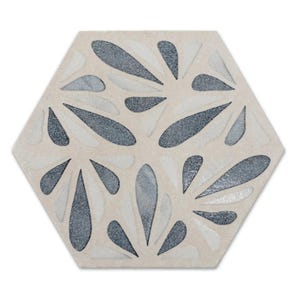 May include: A hexagonal tile featuring a light beige base color with a repeating pattern of dark gray and light gray teardrop-shaped elements arranged in clusters across the surface, creating a symmetrical and geometric visual design.