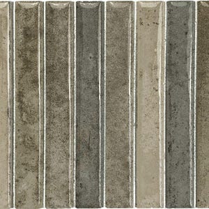 May include: A rectangular arrangement of vertical ceramic tiles featuring a glossy finish. The tiles display a varied color palette of earthy tones including shades of beige, taupe, charcoal gray, and slate, each with unique mottled textures.
