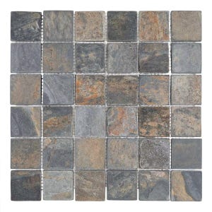 May include: A square mosaic tile sheet featuring a grid of thirty-six individual square slate tiles. Each tile displays a unique natural texture with a color palette of charcoal gray, muted brown, and copper orange tones throughout the surface.