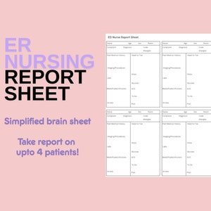 Puede incluir: Un fondo rosa con el texto "ER NURSING REPORT SHEET" en morado y negro. También se ve el texto "Simplified brain sheet" y "Take report on upto 4 patients!". Cuatro hojas de informe a la derecha.