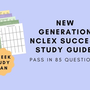 Puede incluir: Un plan de estudio de 5 semanas para el examen NCLEX. El plan incluye una lista de verificación con una cuadrícula para cada semana. El texto "NEW GENERATION NCLEX SUCCESS STUDY GUIDE PASS IN 85 QUESTIONS" se muestra en texto negro sobre un fondo morado claro.