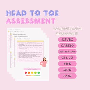 May include: A pink and white printable head-to-toe assessment form with a pain scale. The form includes sections for neuro, cardio, respiratory, GI & GU, MSK, skin, and pain.