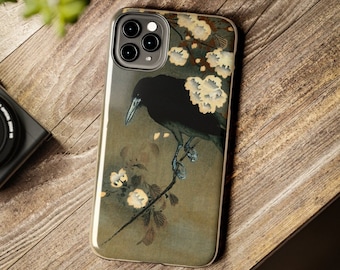 Japanese Crow Phone Case: Antique Raven Art, Glossy Finish