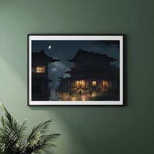 Japanese Village Art Print: Rainy Night Woodblock (Digital Download)