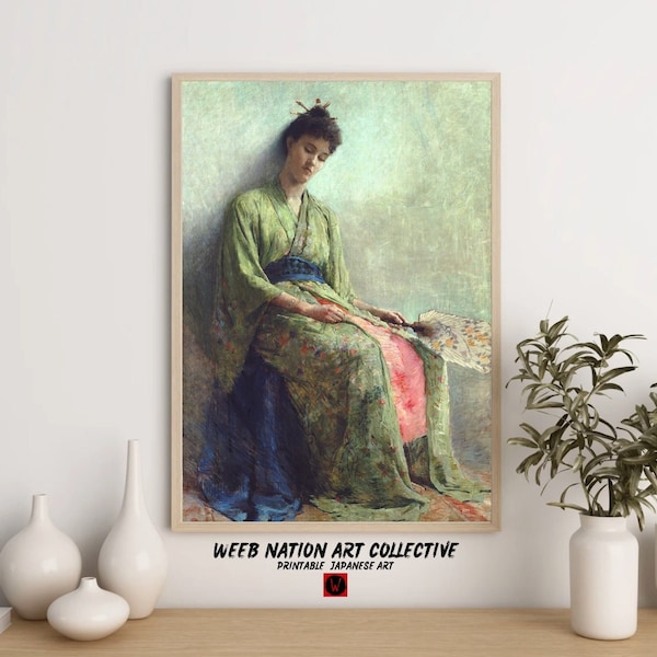 Vintage Japanese Lady in Kimono Robe Digital Art | Antique Japanese Oil Painting | Japanese Illustration | Download #26