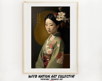 Lámina artística de kimono vintage: Retrato japonés de la década de 1900 (descarga digital)