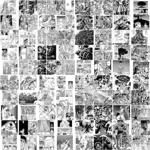 K&ouml;nnte beinhalten: Eine Schwarzwei&szlig;-Collage von Manga-Panels mit einer Figur mit stacheligem Haar und einem Schwert. Die Panels zeigen Szenen aus Kampf, Abenteuer und Fantasy.