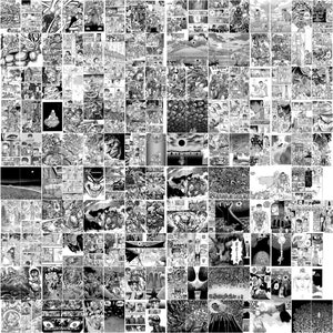 K&ouml;nnte beinhalten: Eine Schwarzwei&szlig;-Collage aus Comic-Panels mit einer Figur mit stacheligem Haar und einem Schwert. Die Panels zeigen Szenen aus Schlachten, Gewalt und Fantasy.
