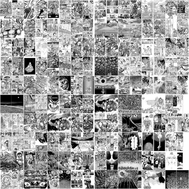 K&ouml;nnte beinhalten: Eine Schwarzwei&szlig;-Collage aus Comic-Panels mit einer Figur mit stacheligem Haar und einem Schwert. Die Panels zeigen Szenen aus Schlachten, Gewalt und Fantasy.