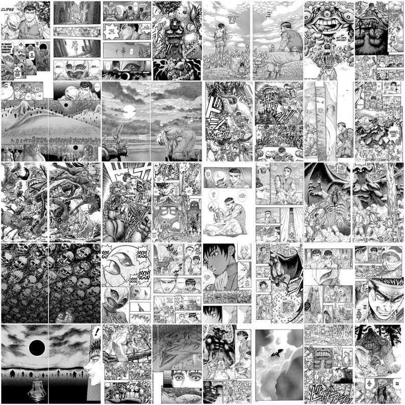 K&ouml;nnte beinhalten: Ein Schwarzwei&szlig;-Manga-Comic-Panel, das einen Charakter mit einem Schwert und eine gro&szlig;e, bedrohliche Kreatur zeigt. Das Panel ist gef&uuml;llt mit detaillierten Zeichnungen der Charaktere und der Kreatur, und der Hintergrund ist ein dunkler und st&uuml;rmischer Himmel.