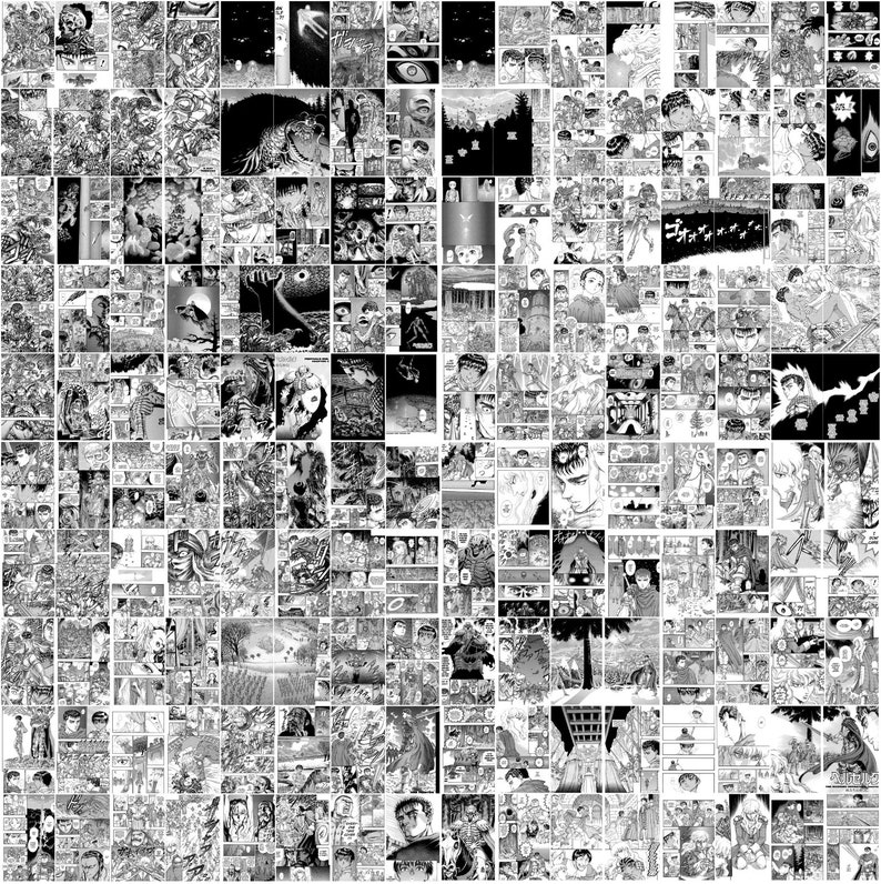 K&ouml;nnte beinhalten: Eine Schwarzwei&szlig;-Collage aus Comic-Panels mit einer Figur mit stacheligem Haar und einem Schwert. Die Panels zeigen Szenen aus Action, Abenteuer und Fantasy.