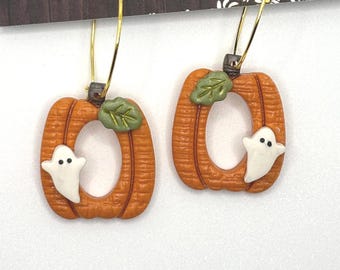 Pumpkin Ghost Polymer Clay Earrings, Halloween Dangle Earrings