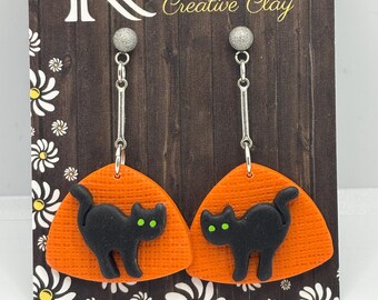 Black Cat Halloween Earrings, Polymer Clay Kitty, Witchy Jewelry