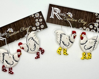 Handmade Polymer Clay Chicken Earrings with Boots
