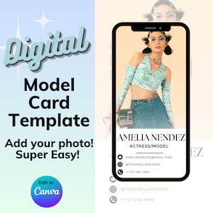 May include: A digital model card template displayed on a smartphone screen. The template features a photograph of a woman wearing a blue and white patterned top, blue jeans, and a beaded necklace. The text on the template reads "Amelia Nendez, Actress/Model" and includes contact information such as email address, social media handles, and phone number.