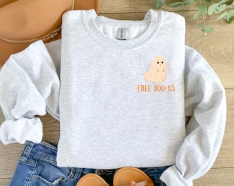 Suéter de libros de lectura de fantasmas, sudadera de Halloween librería, regalo de maestro de Halloween, sudadera con capucha de Halloween de bibliotecario, cuello redondo fantasma