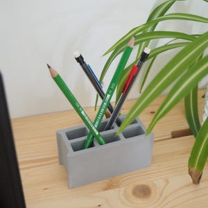 Puede incluir: Un organizador de escritorio de hormigón gris que contiene varios lápices. Los lápices son verdes, negros y grises. Una planta verde con hojas largas está en el fondo. El organizador está sobre un escritorio de madera.