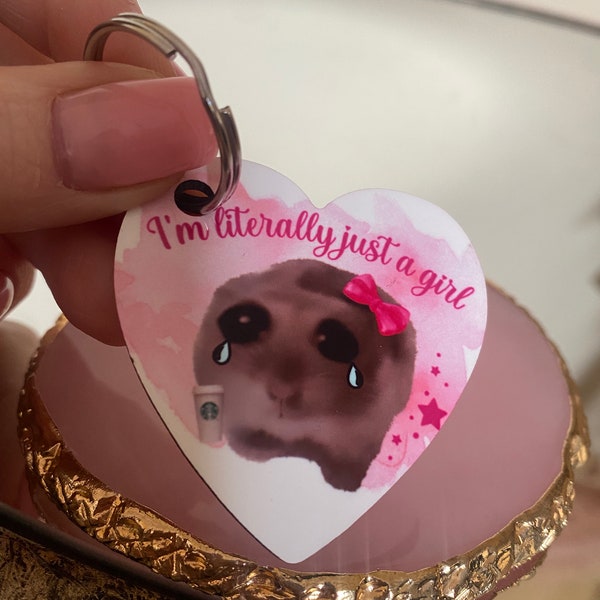 Sad hamster keyring keychain gift, i'm literally just a girl, starbucks, tiktok simply just a girl, pink, funny meme