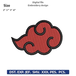 May include: Red cloud embroidery design with black outline. The design is available in sizes 2", 3", 5", and 6". The text "Digital file Embroidery design" is above the cloud. The bottom of the image has file format abbreviations.