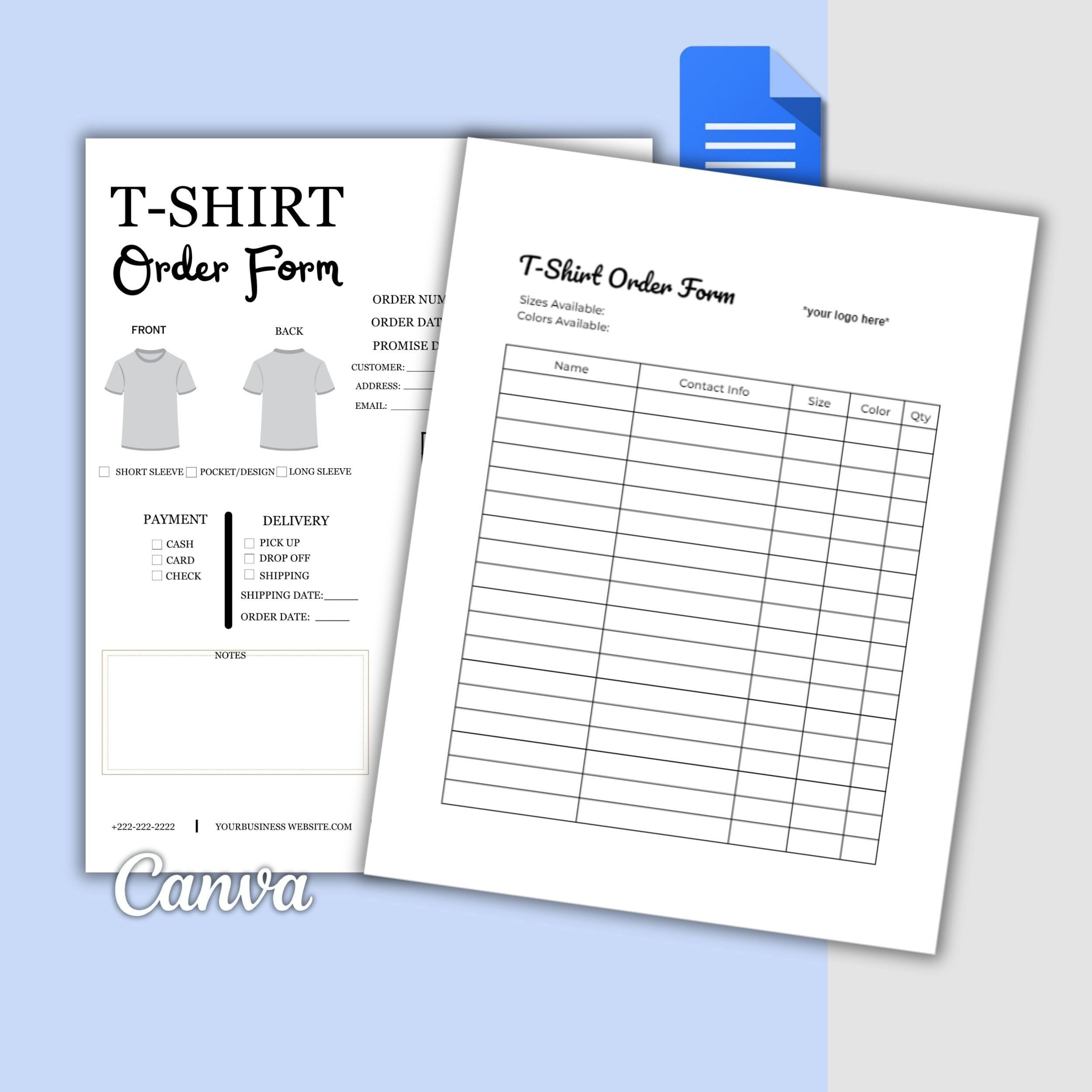 Bundle tshirt order form template editable printable tshirt order form