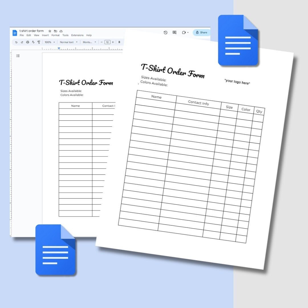 Tshirt Order Form Template Editable, Printable Tshirt Order Form Google ...