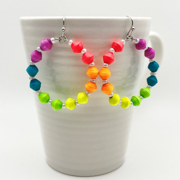 Paper Bead Hoop Earrings - Recycled Paper Jewelry - Dangle Hoop Earrings - Neon Rainbow