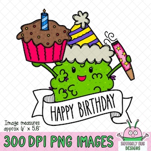 May include: A whimsical birthday-themed illustration featuring a green character holding a cupcake with a lit candle and a party horn. A banner reads "HAPPY BIRTHDAY". The image measures approximately 6" x 5.8".