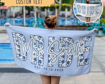 Personalized Blue Chinoiserie Bride Beach Towel,Custom Mrs Name Beach Towel,Future Mrs Pool Towel,Honeymoon,Bachelorette,Bridal Shower Gift